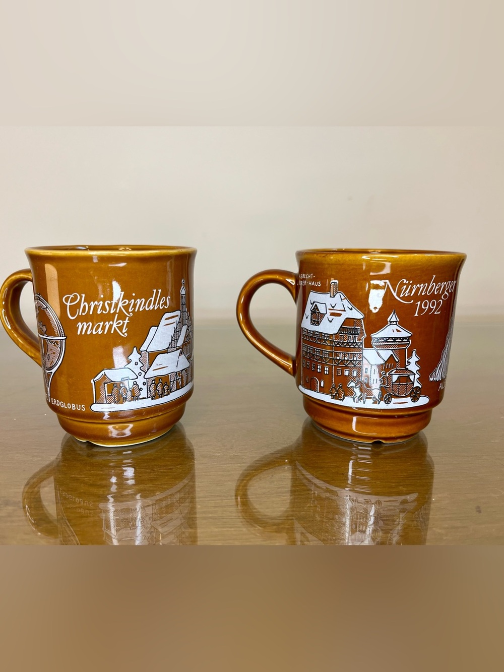 Vintage German Christmas Market Glühwein Mugs, Pair, Brown Glaze, Nürnberger